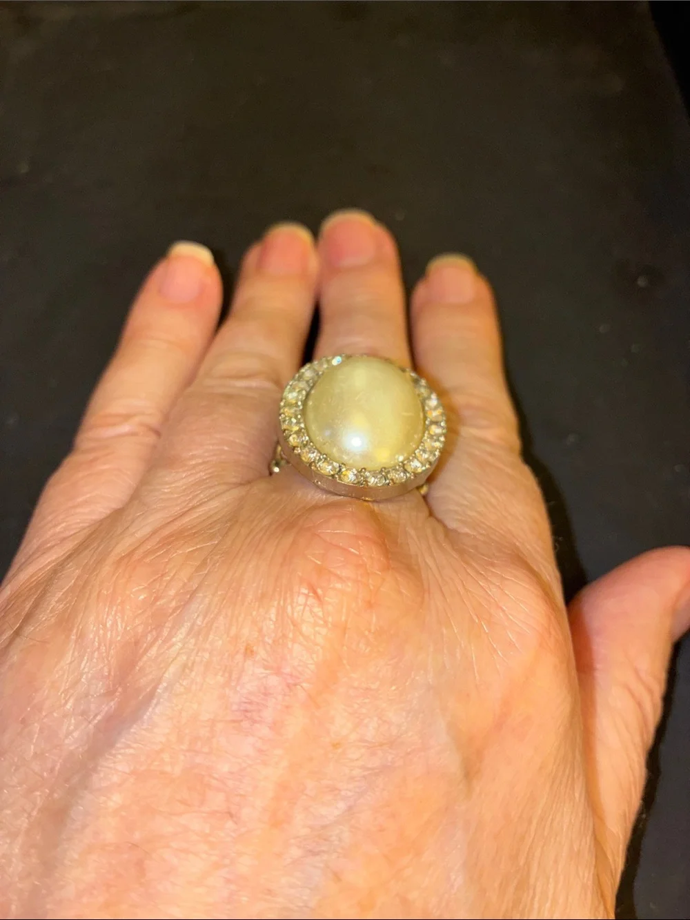 Elegant Cream Cabochon & Crystal Halo Statement Stretch Ring